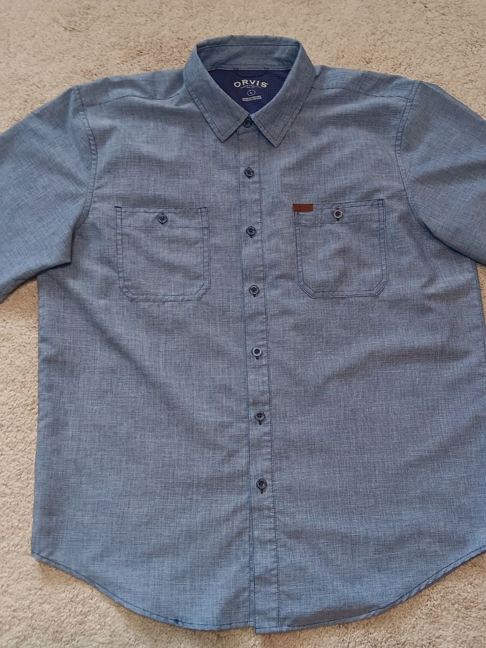 Orvis Classic Collection Men's Short Sleeve Button Down Shirt - Blue LARGE